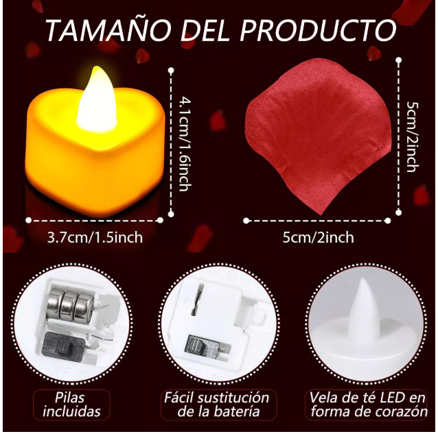 2000 Pétalos De Rosa Día De San Valentín + 24 Velas Led