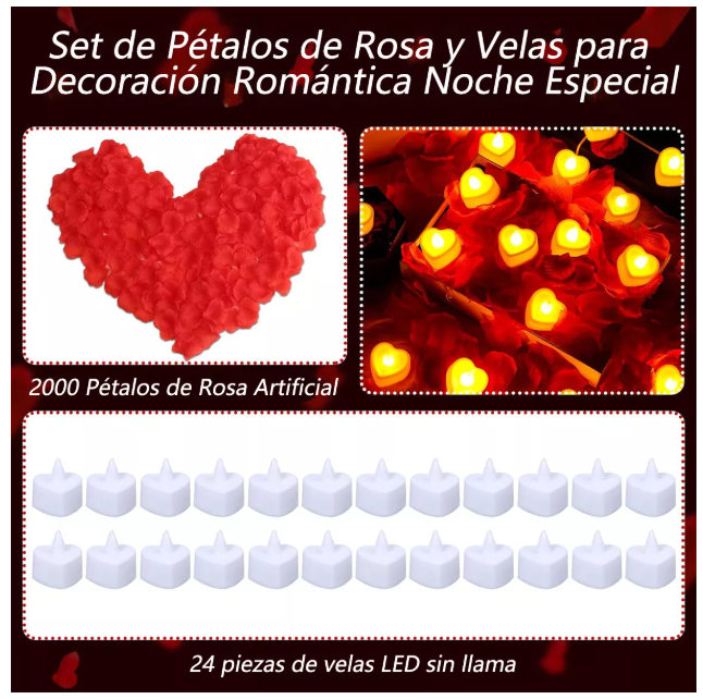 2000 Pétalos De Rosa Día De San Valentín + 24 Velas Led